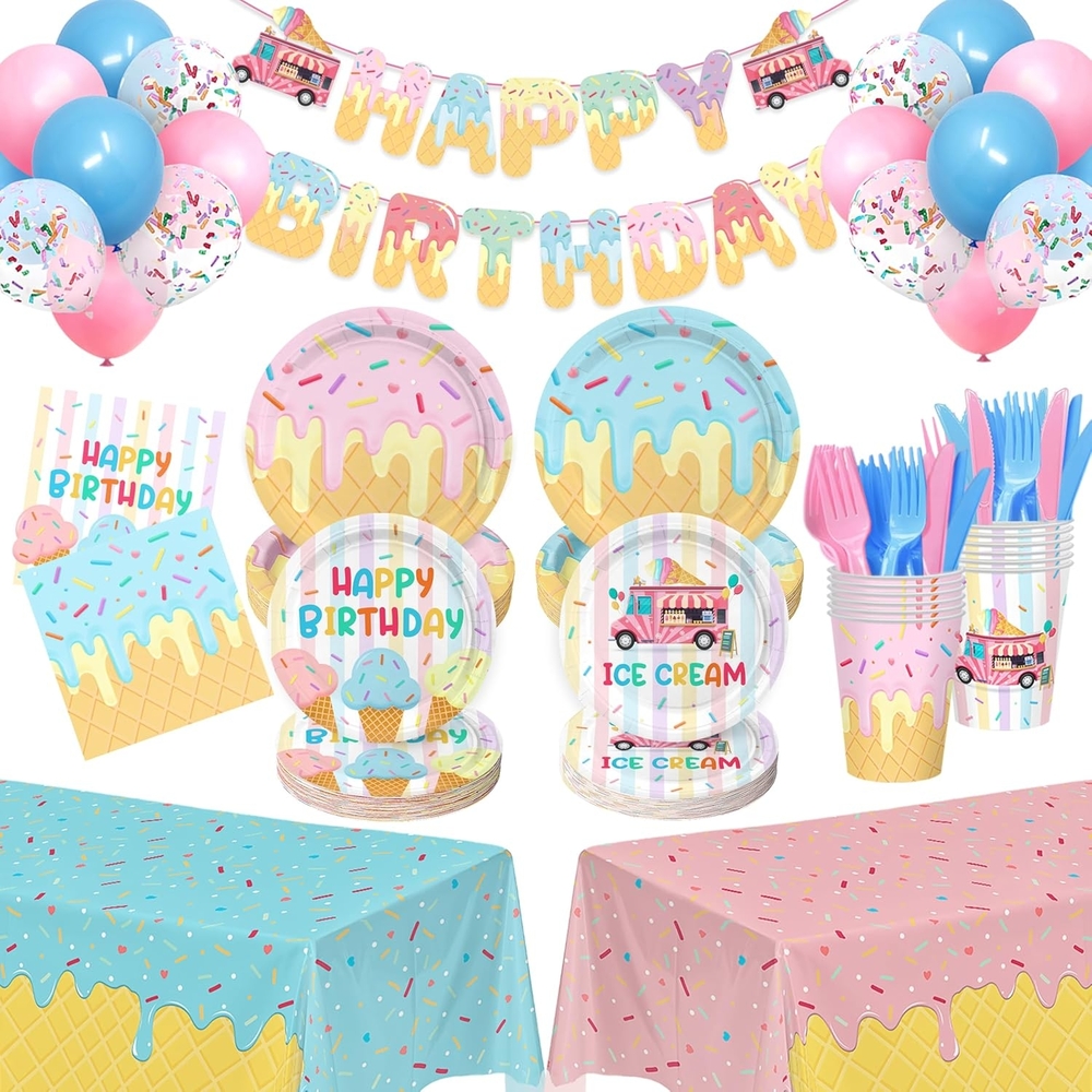 Ice Cream Party Disposable Tableware Supplies Set - Pink, Blue, Yellow